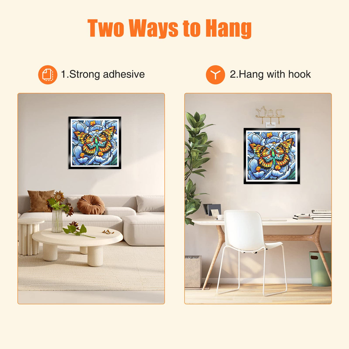 NAIMOER Upgraded 2Pack Diamond Painting Frames, Frames for 35x35cm Diamond Painting Canvas, Magnetic Diamond Art Frame Self-Adhesive, Diamond Painting Frames with Hooks for Wall Window Door (Black)