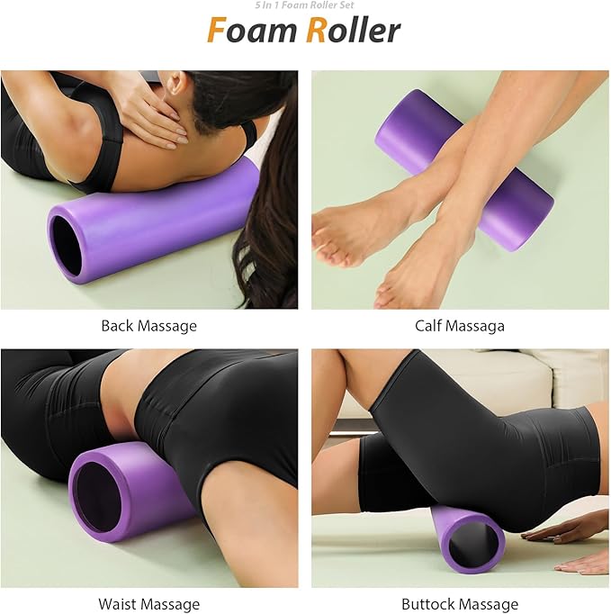5 in 1 Foam Roller Set - Trigger Point Foam Back Roller, Muscle Roller Stick, Massage Ball, Stretching Band for Deep Muscle Massage Pilates Yoga,Fitness Exercise for Whole Body Release (Purple)
