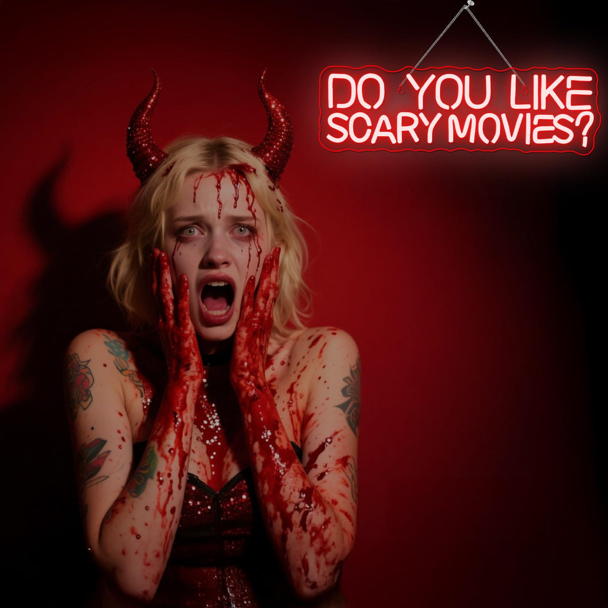 FAXFSIGN Do You Like Scary Movies Neon Sign Horror Cinema Neon Signs for Wall Decor LED Night Light for Escape Room Bar Club Party Teen Boy Man Cave Game Gothic Halloween Decoration