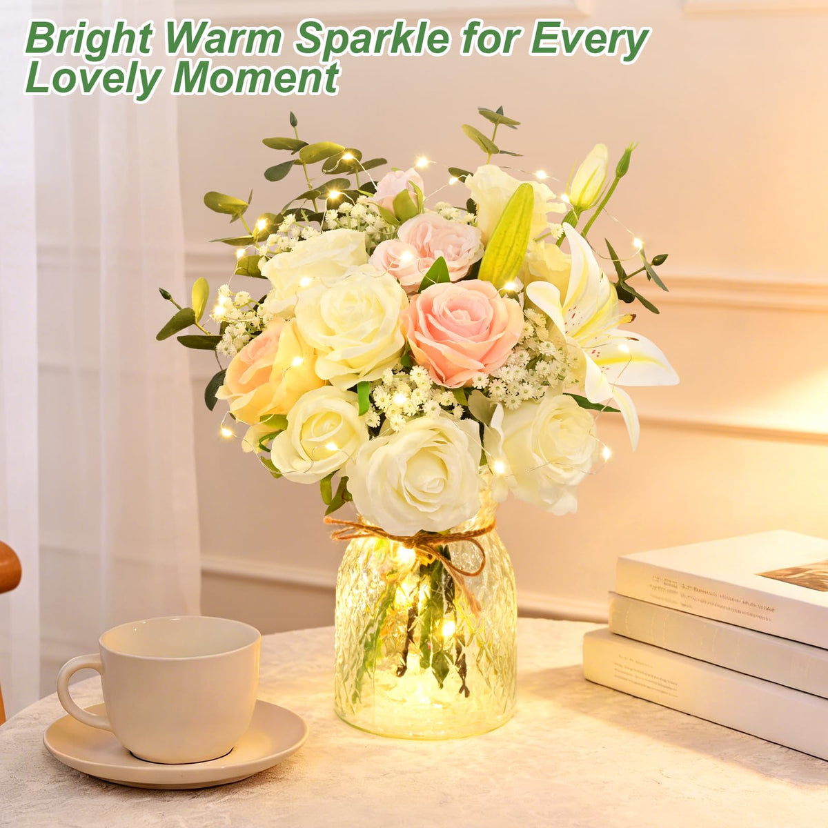 Livole 22Pcs Fake Flowers with Vase Silk White Artificial Flowers in Vase with Light Fake Plant Eucalyptus Flower Arrangement for Table Centerpieces Decor for Living Room Coffee Home Farmhouse