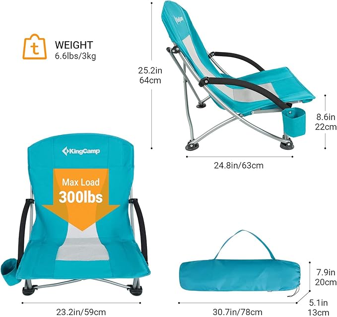KingCamp Low Beach Chairs, Portable Folding Chair for Adults Extra Wide Ergonomic High Back Seat 300lbs Heavy Duty Lightweight Oversized Gear with Carry Bag for Outdoor Lawn Camping Picnic