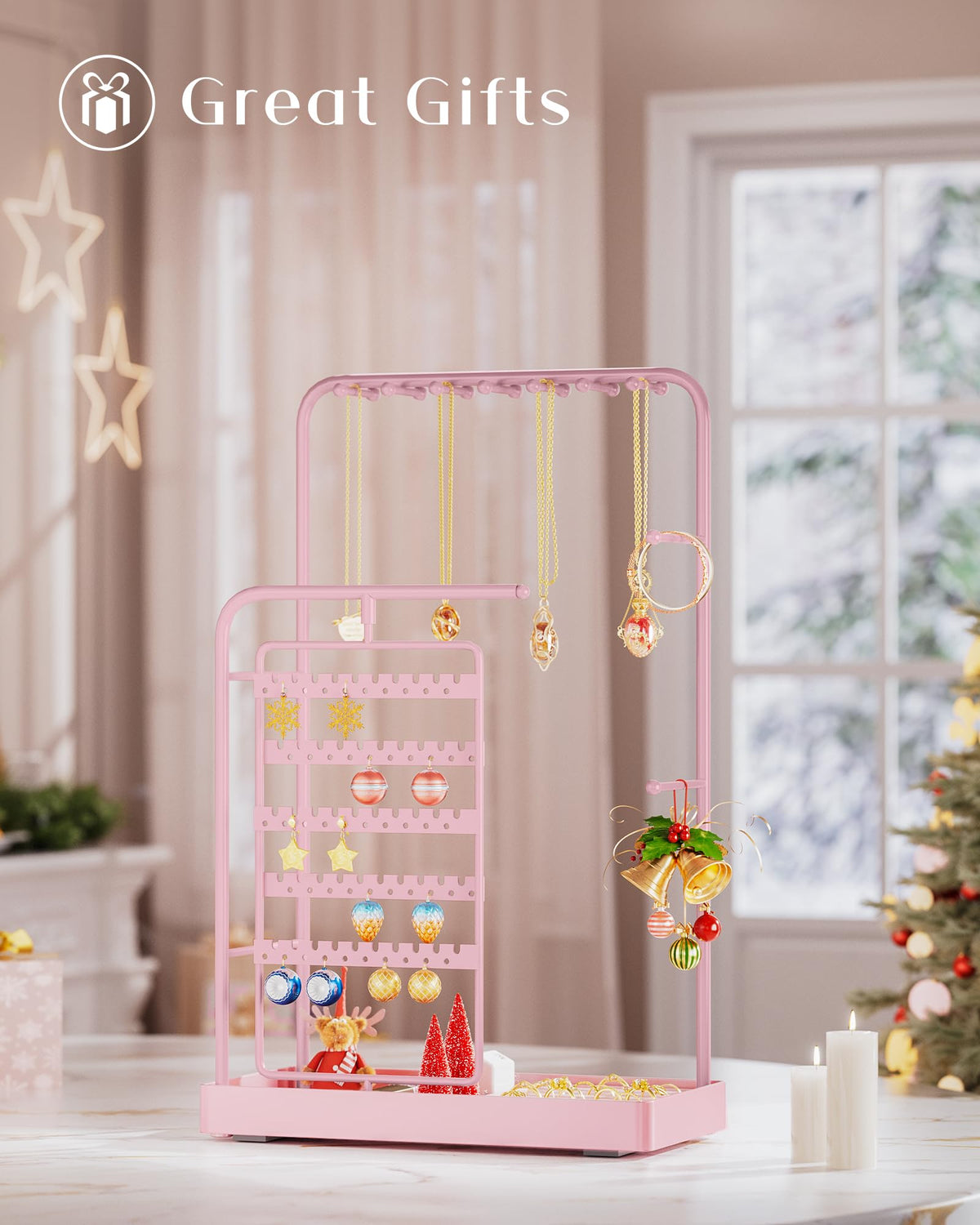 ProCase Jewelry Stand Holder Organizer, Jewelry Display Storage with Ring Tray, Rotating Earring Bracelet Necklace Holder, Valentine's Gifts Room Dorm Decor for Teen Girls -Pink (No-Assembly)