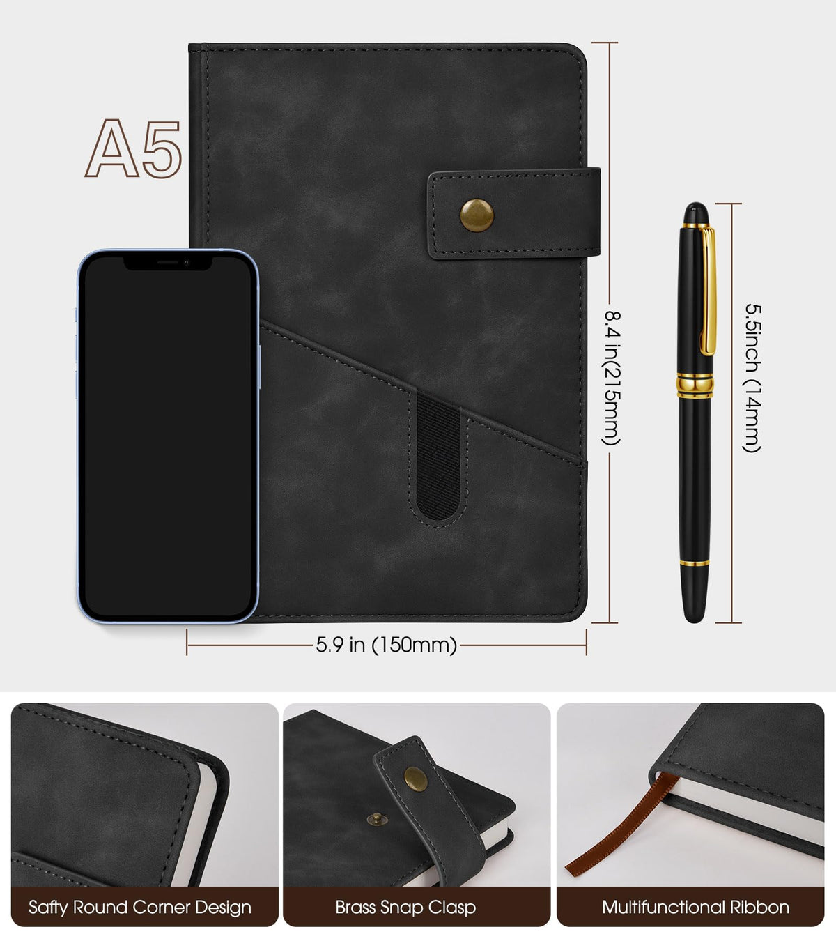 vfaejll A5 Lined Leather Journal Notebook,Hardcover Journal Set with Pen and Gift Box,100Pages 100gsm Thick Ruled Paper Daily Diary for Men Women School,Travel,Business,Work,Writing 5.9" X 8.4"