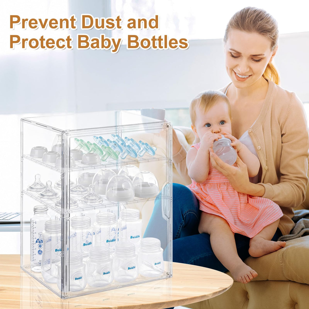 ERTIUANIO Baby Bottle Organizer – 3 Tier Bottle Storage Organizer Baby for Nipples, Pump Parts, Food Jars – Clear Acrylic Bottle Station Organizer for Countertop and Kitchen, Gifts for New Mom