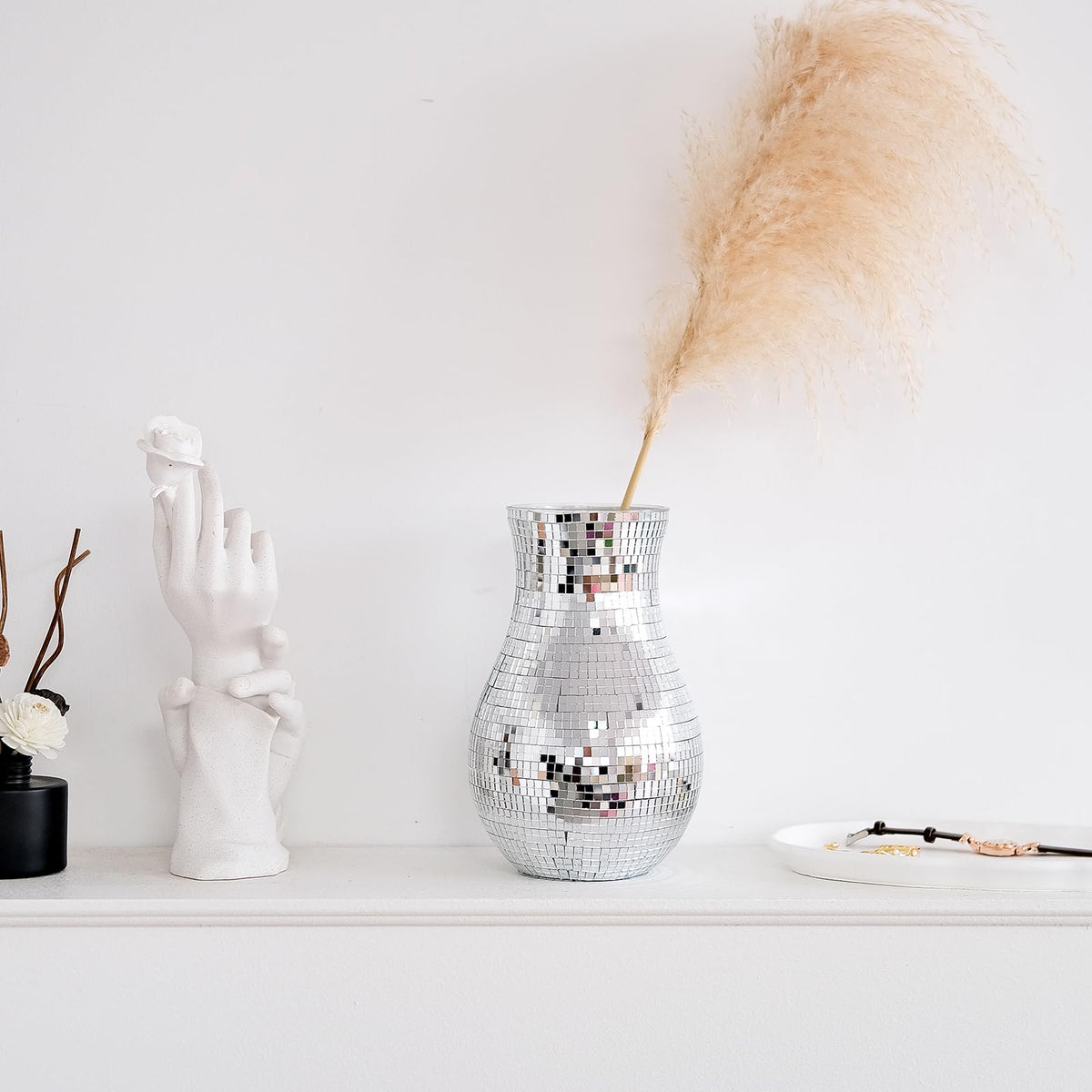 8.7" Disco Ball Flower Vase - Silver Mirrored Mosaic Vase for Centerpieces, Retro 70s Party Decor, Unique Funky Reflective Floral Container for Home, Wedding & Living Room Aesthetics