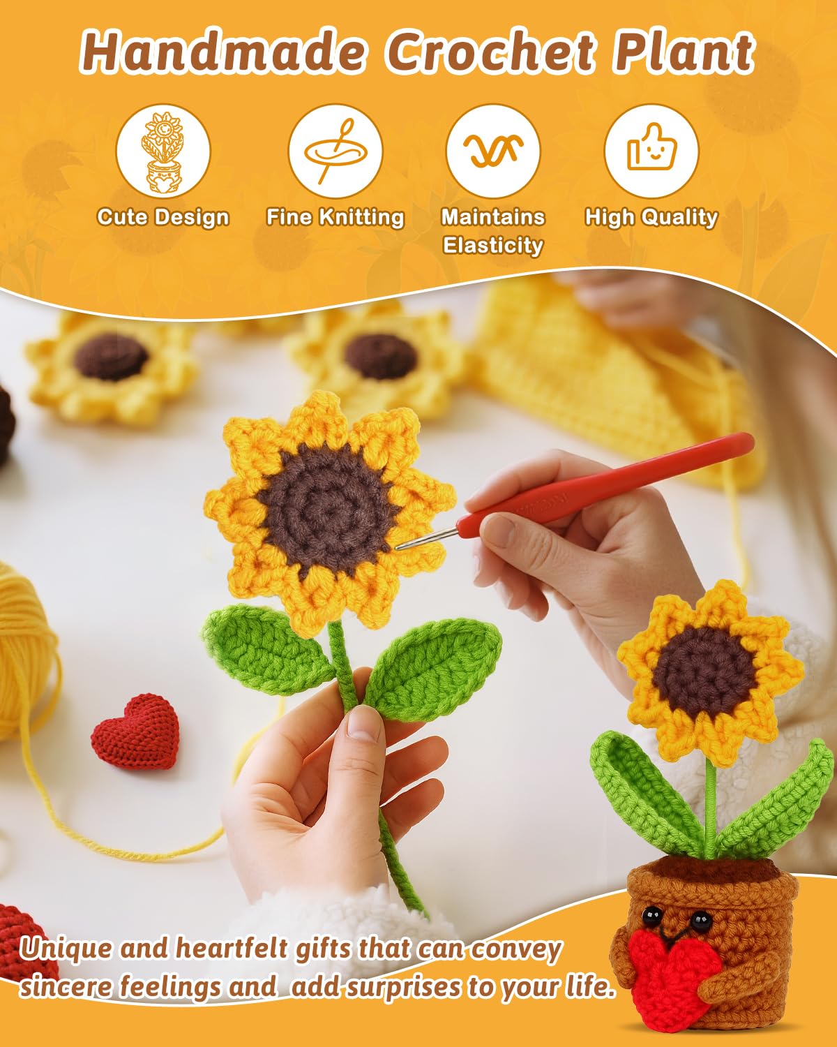 Argefkeen 2pcs Knitted Flowers Sunflower Gifts for Women Handmade Knitted Planters with Card Gifts Birthday Gifts for Women Mom Family Friend Teacher Coworker Xmas Party (2pcs)