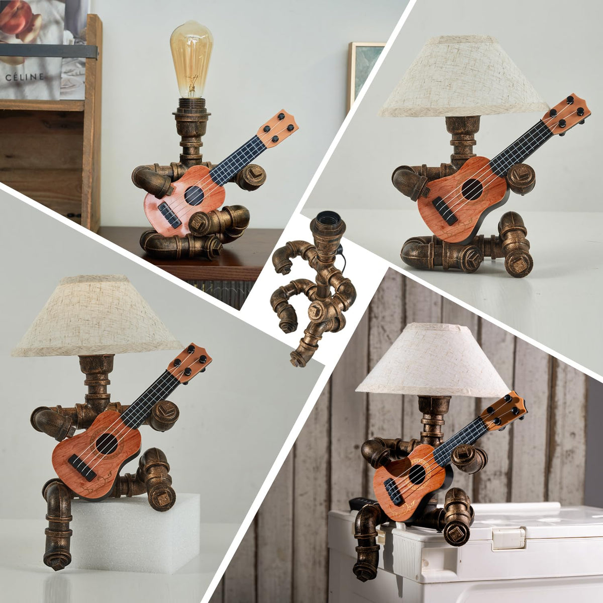 Lovefindahome Vintage Industrial Robot Guitar Table Lamp with Bulb - Remote Control,Timer,Dimmable - Cool Gifts for Music Lovers,Men,& Musicians - Steampunk & Retro Style Bronze