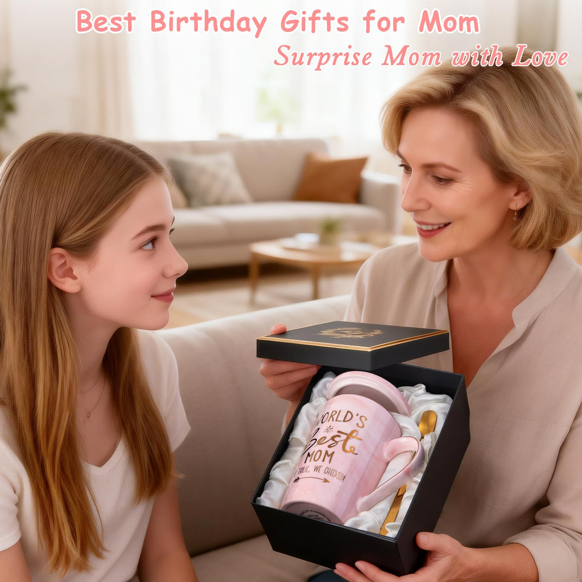 Mothers Day Birthday Gifts for Mom from Daughter Son - 14Oz Funny Best Mom Mug with Gold Print, Unique Pink Marble Coffee Cup with Lid Spoon Greeting Card, Happy Moms Gifts Idea, Luxury Gift Boxed Set