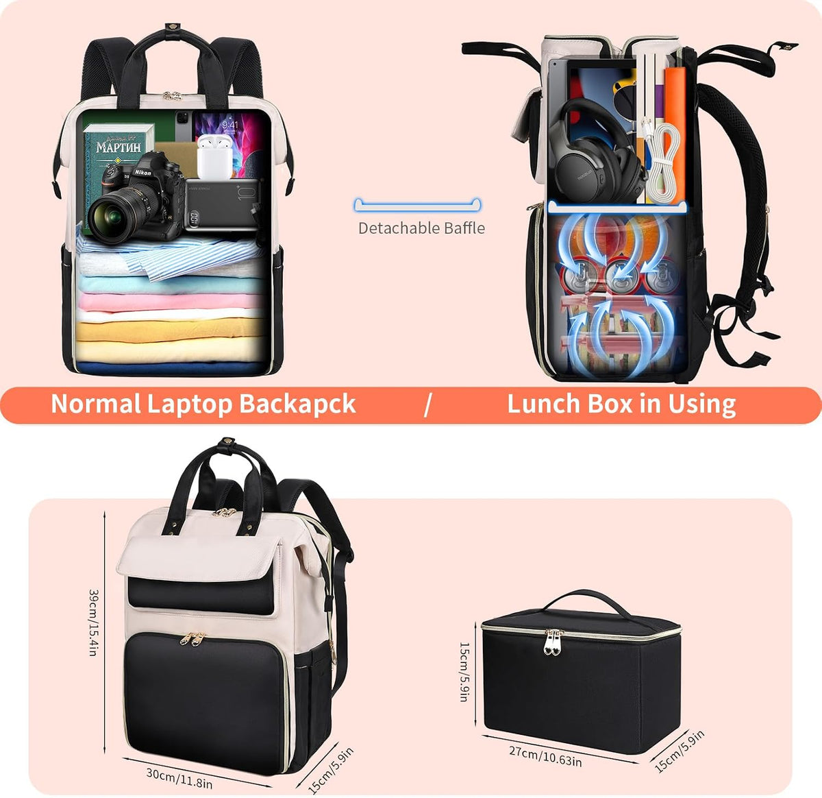 Backpack 15.6 Inch Backpack Backpack BERTASCHE Lunch for Women, Laptop with Insulated Cooler Lunch box, Work