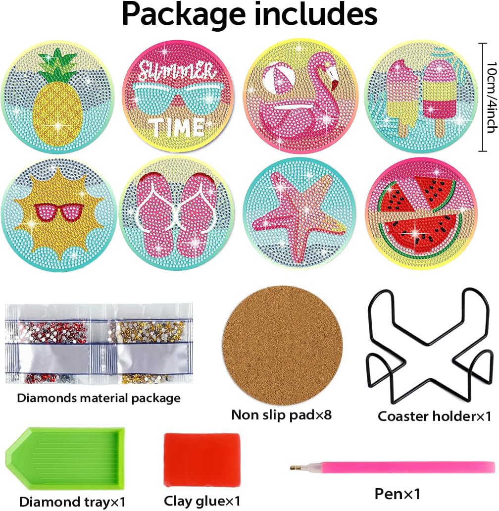 Leatrice 8PCS Beach Diamond Art Coasters Small Diamond Painting Kits for Adults Diamond Dots Round Full Drill Diamond Coasters with Holder Easy Art Crafts for Beginners Women