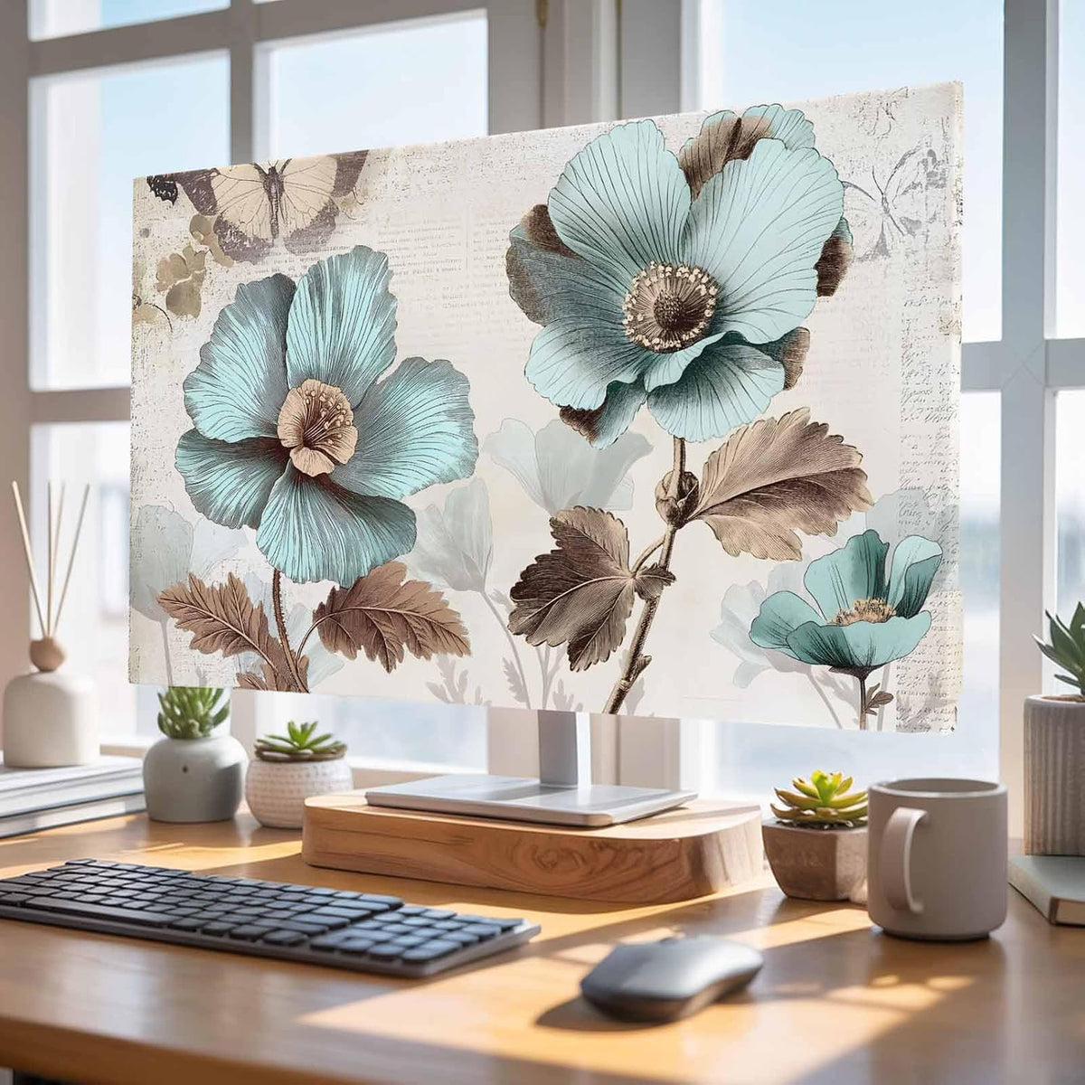Yukro 75 Inch, 65"x37" Victorian Style Broccoli Butterfly Indoor TV Dust Cover, Blue Flowers Plant Elastic TV Dustproof