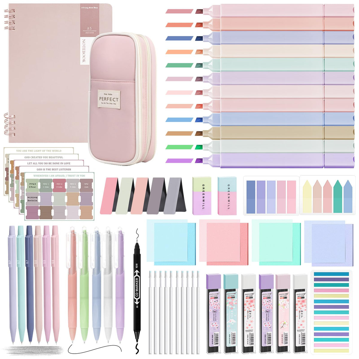 Focxoio Bible Study Supplies Journaling Kit with Pen Case,12 Pastel Highlighters,5 Black Ink Gel Pens, 6 Mechanical Pencils 0.5 & 0.7mm,Sticky Note Index Tab and So on for bible study