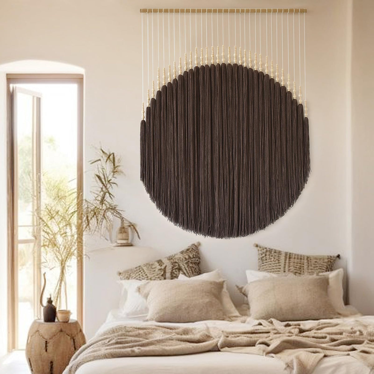 IOWER Macrame Wall Hanging Brown Yarn Beaded Backdrop Boho Wall Decor Round Tassel Home Wall Aesthetic Living Rooms Bedrooms Offices Geometric Art Chic Home Decor 39" W x 55" L