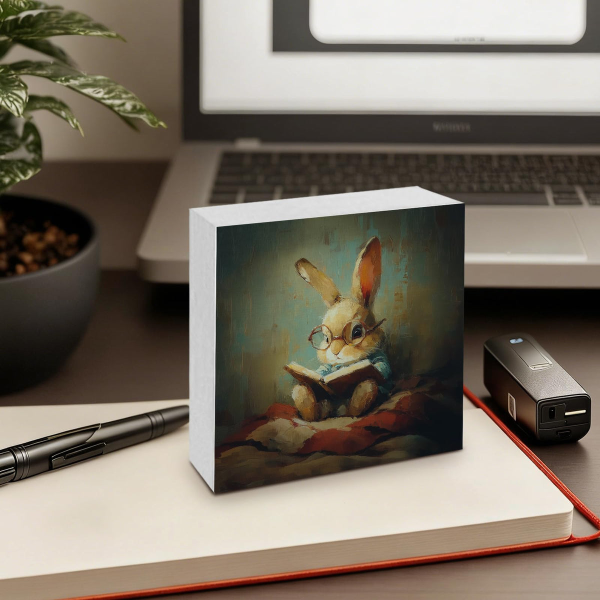 GWOKPAAI Moody Bunny Reading Book Wooden Box Signs Desk Decor, Book Lover Gifts, Moody Rabbit Bookish Wooden Signs Desk Decorations for Reading Room Nook Corner Library Tabletop Shelf Wall, 5x5in