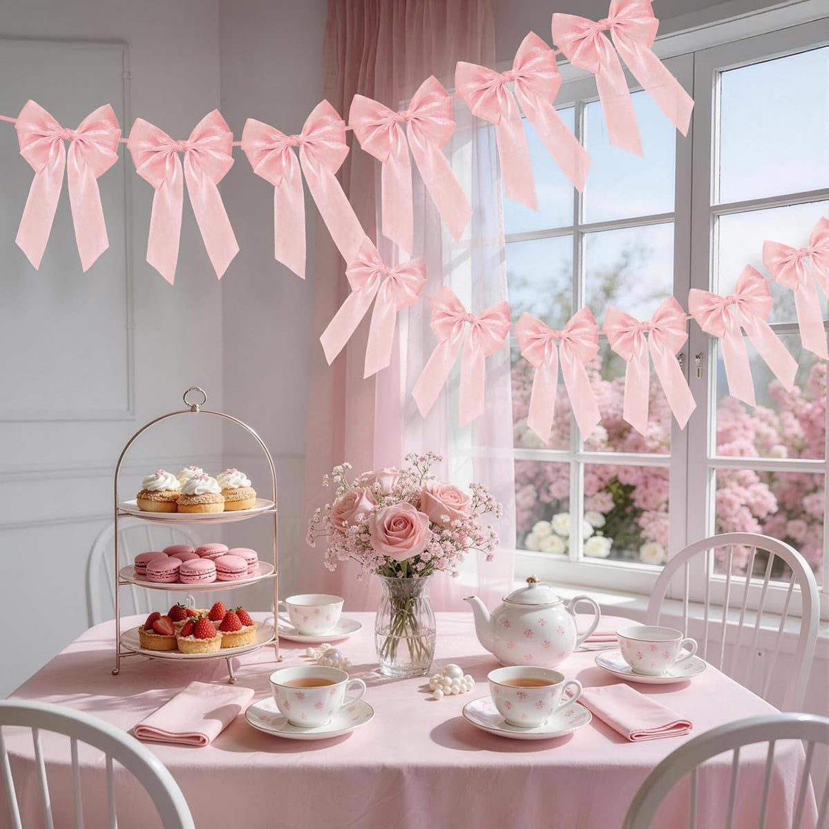 Skiennix 6.5ft Pink Bows Garland Banner - 6 Pcs Pre-Strung Bow Party Decorations for Birthdays & Showers