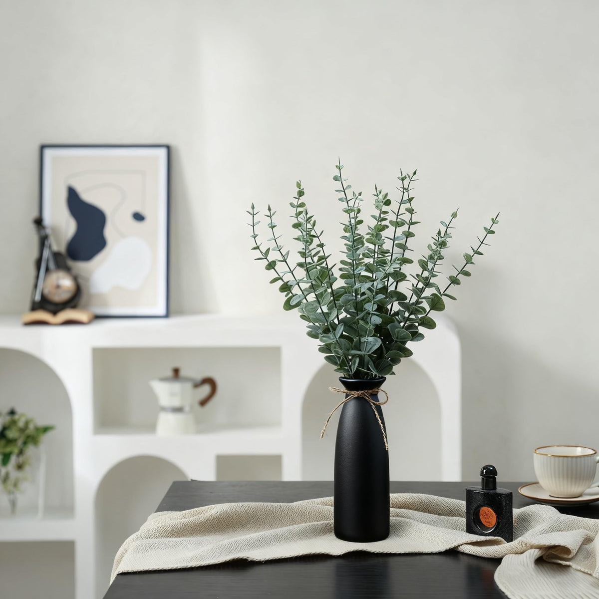 Shanranplus Vase with Greenery, 20pcs Artificial Eucalyptus Stems in Black Vase, Fake Plant Home Decor, 19" Decorative Faux Plants for Home Farmhouse Mantle Centerpiece Decor
