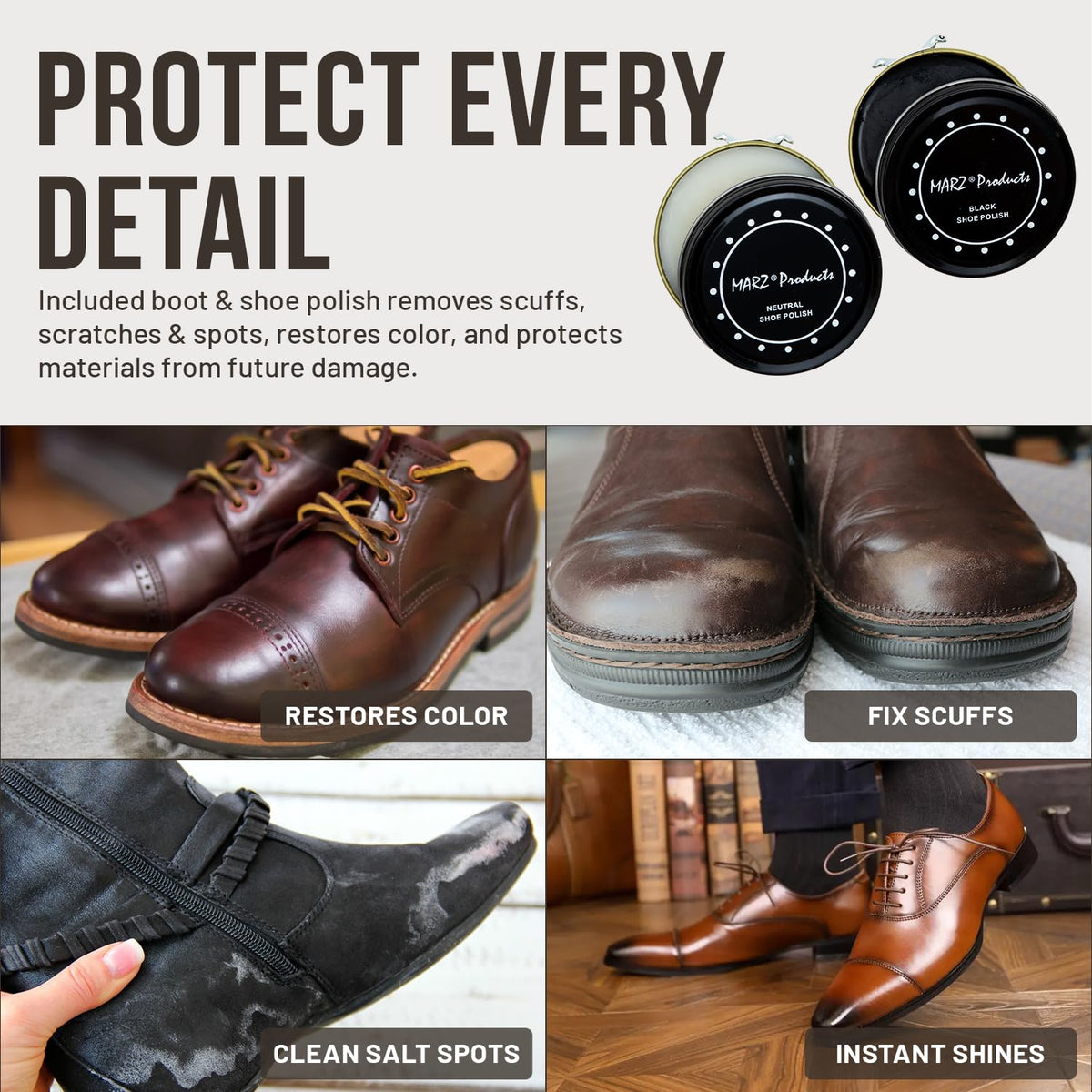 Deluxe Shoe Polish Kit - Portable 7pc Shoe Shine Kit with Genuine Horsehair Brush, Black Shoe Polish, and Clear Shoe Polish - Suede Shoe Cleaning Kit for Sneakers, Leather Shoes, and Boots