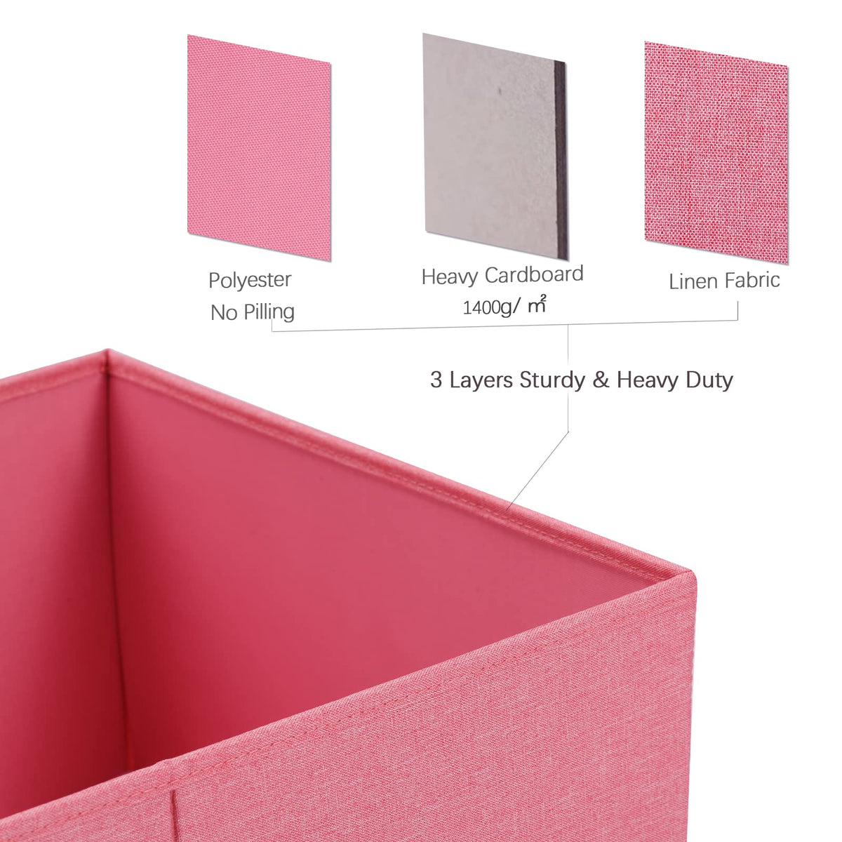 HOONEX Linen Foldable Storage Bins with Lids, 2 Pack, Storage Boxes with Carrying Handles and Sturdy Heavy Cardboard, 16.5" L x 11.8" W x 7.5" H for Shoes, Books, Clothes, Nursery, Pink