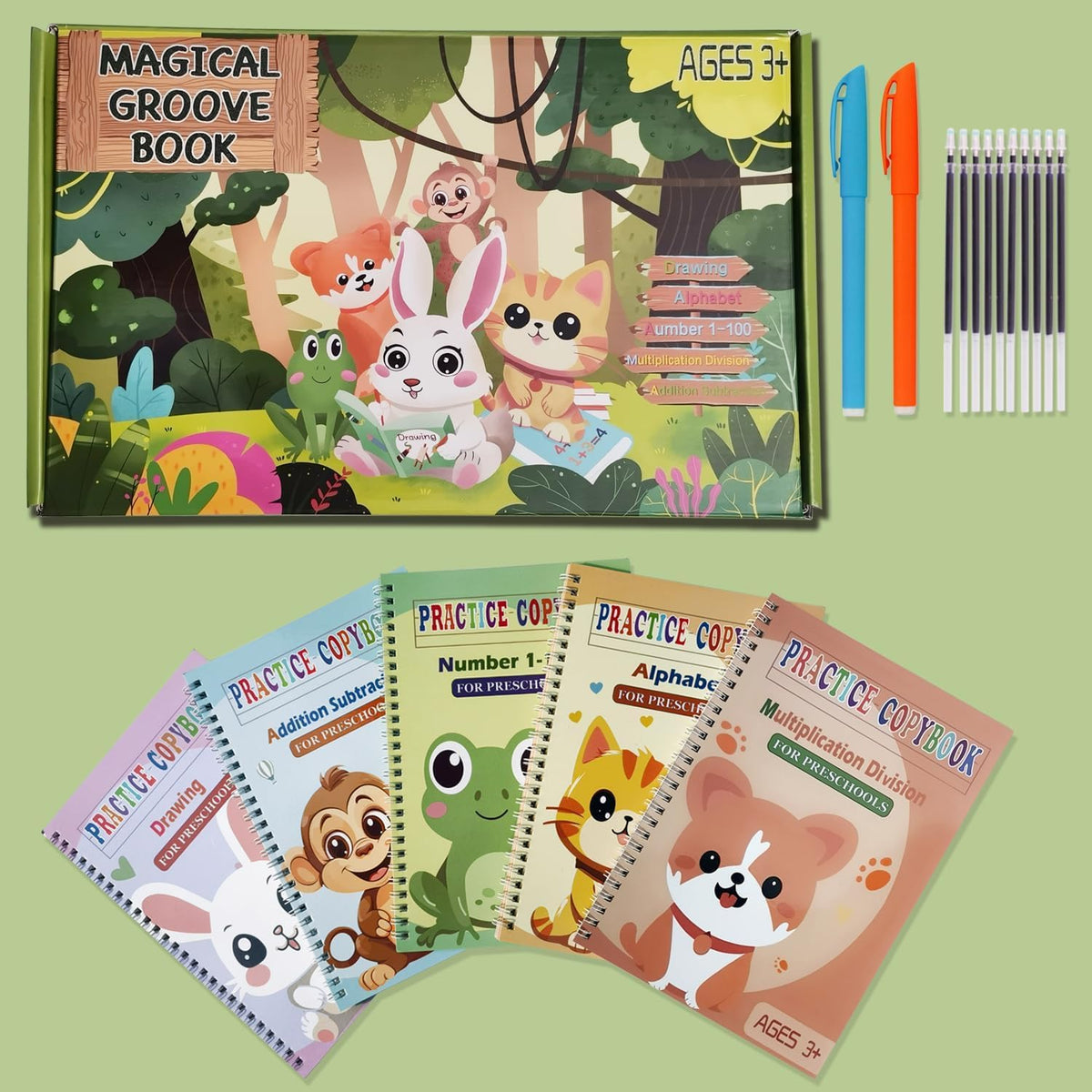 Magic Grooved Practice Copybook 5 Pack with Pens, Groove Reusable Magical Handwriting Workbooks, Tracing Letters Numbers, Math, Kindergarten Sight Words for Kids Ages 3-8 for Preschool(5books+Pens）