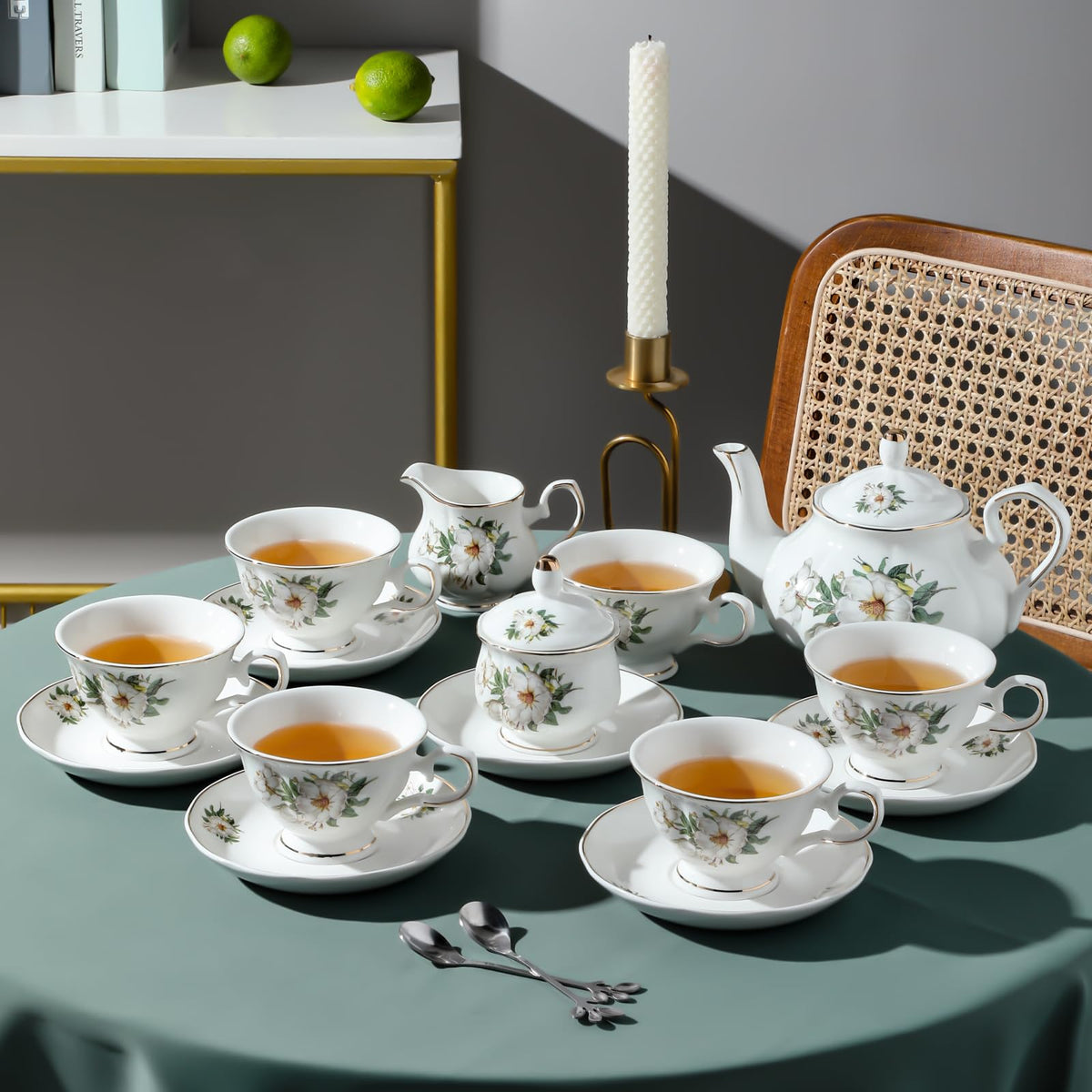 CHENP.HMC Porcelain Tea Set Tea Cup Set 22-Piece Porcelain Ceramic Coffee Tea Gift Sets Cups Saucer Service for 6 Teapot Sugar Bowl Creamer Pitcher and Teaspoons tea pot sets(Camellia)