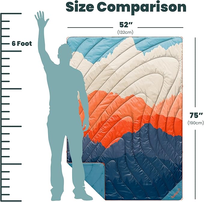 Rumpl Original Puffy Blanket - Warm, Water-Resistant Camping Blanket with 100% Recycled Synthetic Insulation, 52"x75", Original Puffy V2, Teton Glow