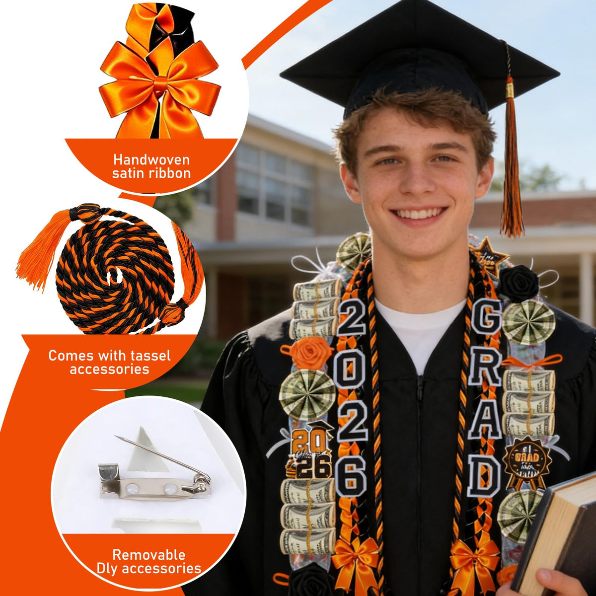 Hamdwerk 26Pcs 2026 Graduation Candy Leis Making Kit, Class of 2026 Graduation Ribbon Lei, Double Braided Necklace Decorations with Flower Patches Honor Cord for DIY Graduate Gifts Party Supplies
