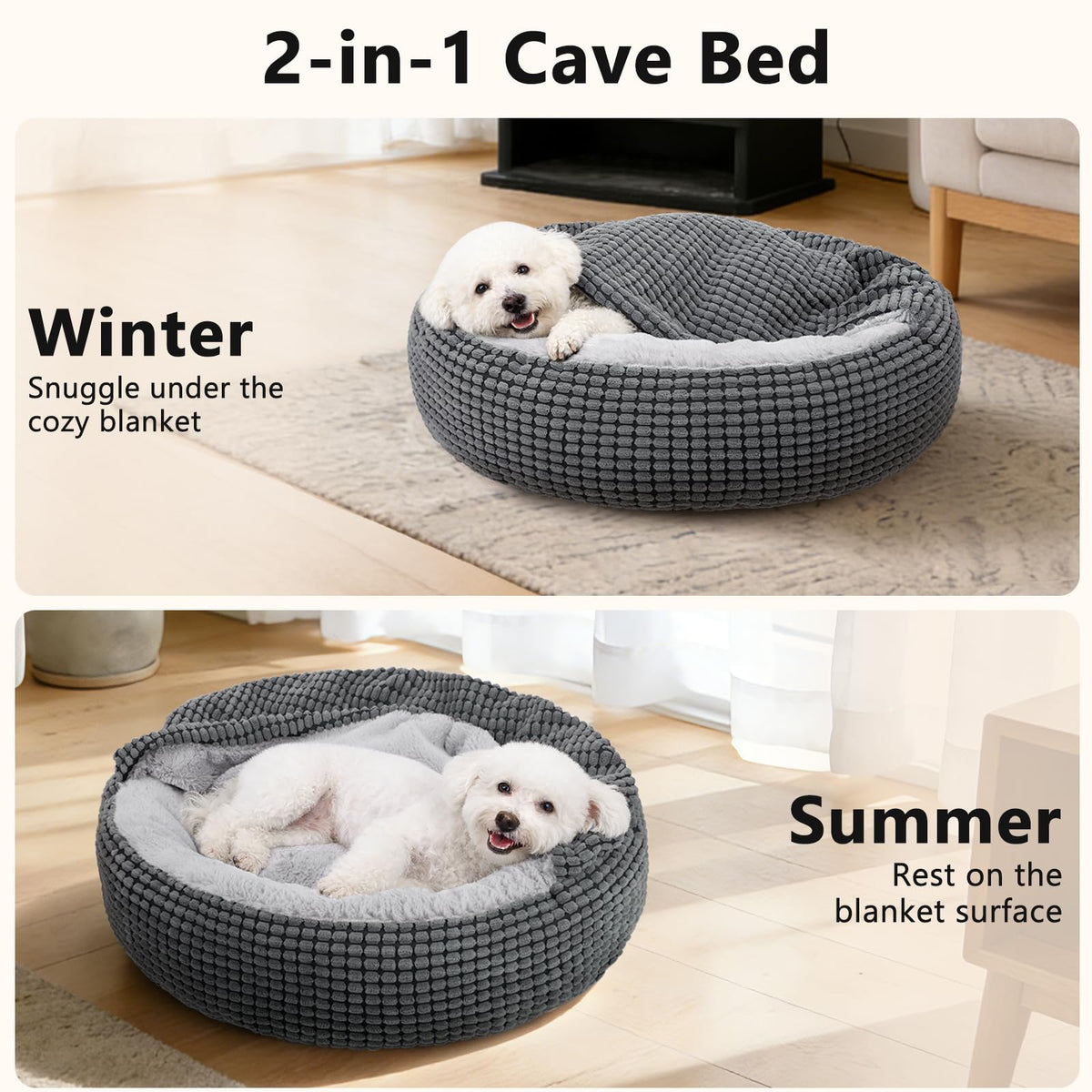 SIWA MARY Small Dog Bed with Attached Blanket, Cozy Donut Cuddler Anti-Anxiety Hooded Pet Beds Calming Cave Bed. Orthopedic Round Puppy Beds for Dogs or Cats Washable, Anti-Slip Bottom, 23inch