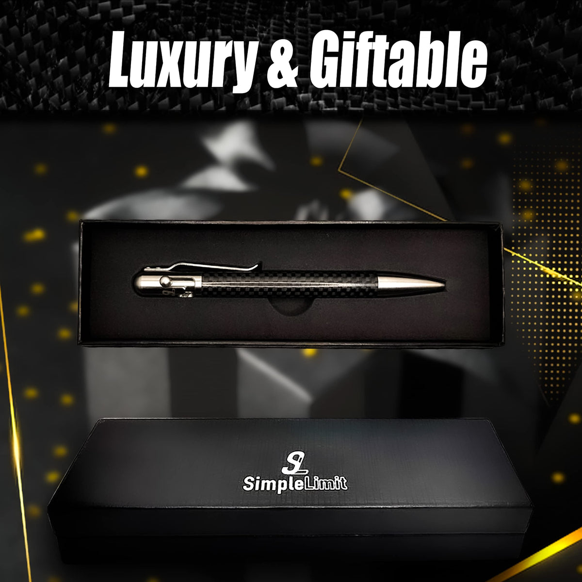 SL Simple Limit Bolt Action Carbon Fiber Ballpoint Pen with Gift Box – Luxury Stainless Steel Executive Writing Pen, Smooth Fine Point Black Ink, Professional EDC Pen for Men & Women