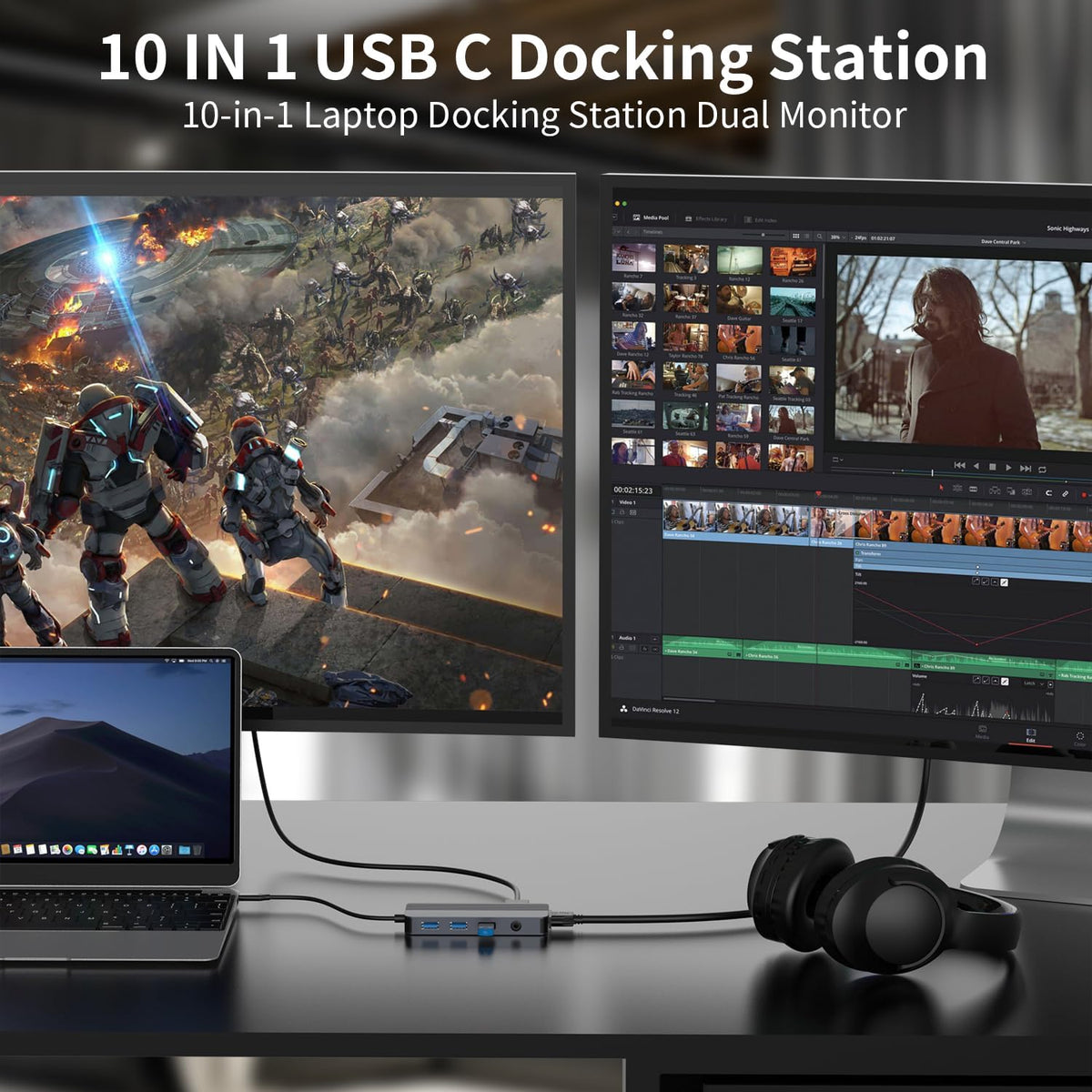 YUANSHAN 10-in-1 4K 100W 1 3.0, 2 2.0, 3.5mm Docking Station Dual Monitor, USB C Hub with Dual HDMI, VGA, PD, x USB x