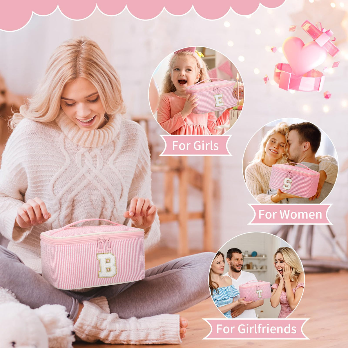 OCHEAL Makeup Bag for Women, Monogram Cosmetic Bag Pink Travel Makeup Case Beauty Toiletry Bag Organizer Personalized Gifts for Girls Bridesmaid, Sister, Wife, Friends Initial S