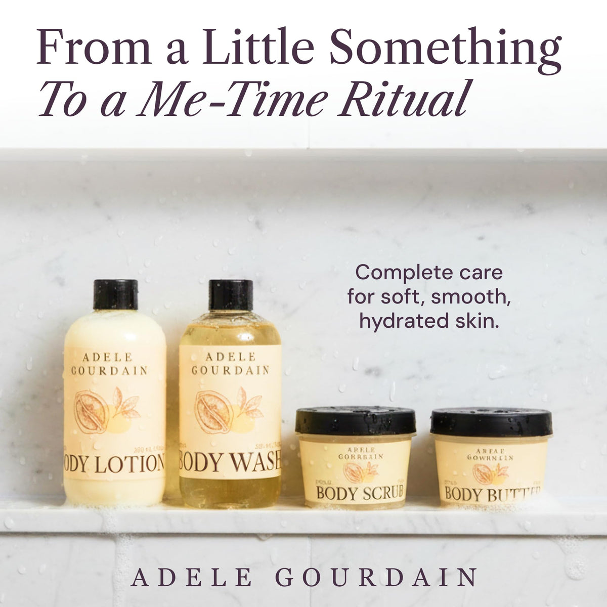 Adelegourdain Self Care Kit Woman - 4pcs Citrus Scent - Bath and Body Care Gift Basket for Women - Personal Care Spa Care Package with Body Wash, Lotion, Scrub & Butter, Birthday Gifts for Her