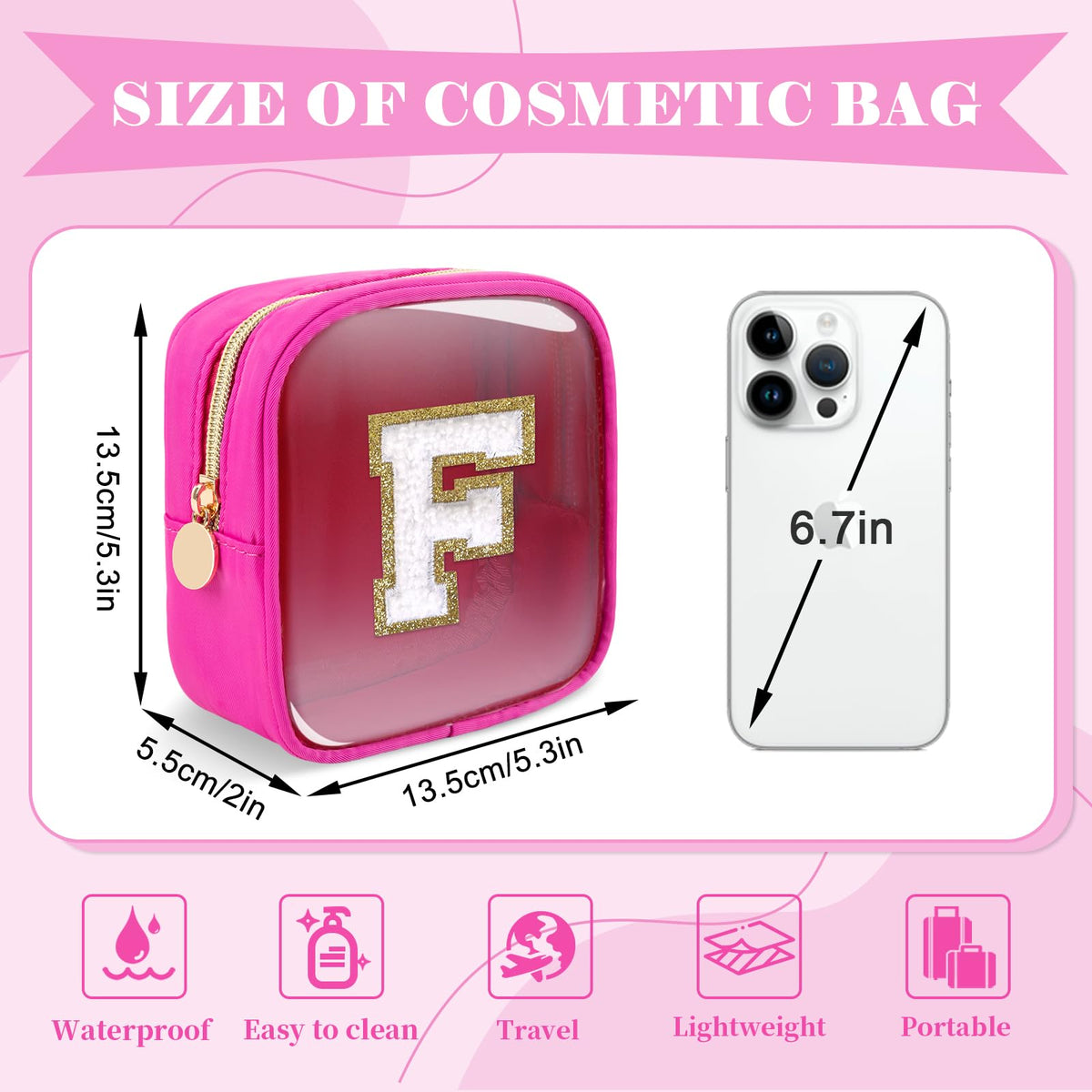 Personalized Initial Letter Clear Preppy Makeup Bag,Mini Nylon Chenille Letter Cosmetic Bag Cute Zipper Pouch Coin Purse for Teen Girls,Portable TSA Approved Travel Essentials Bag Gift for Women,F