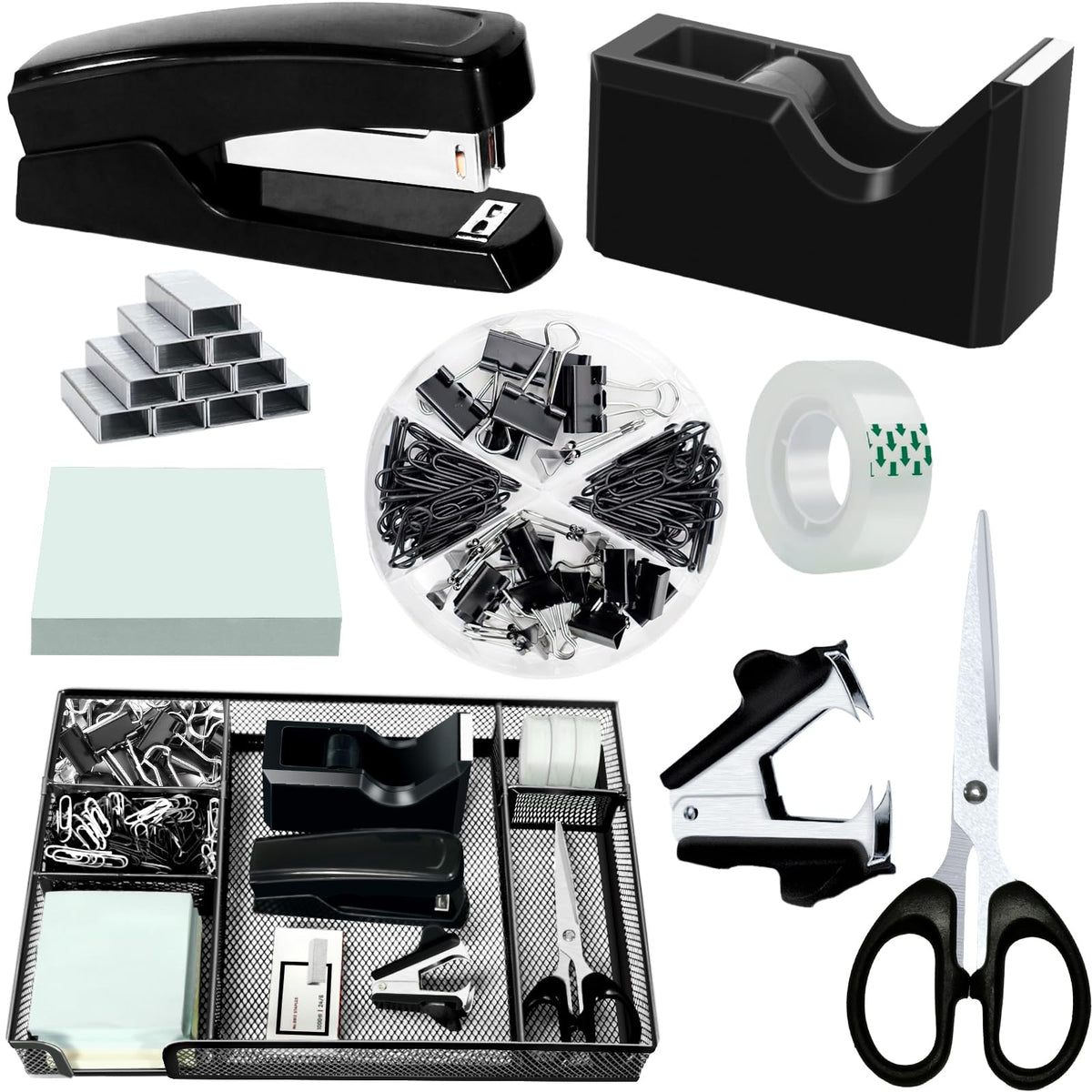 Black Office Desk Accessories, Black Office Supplies Set, Desk Drawer Organizer,Stapler and Tape Dispenser Set,Tape,Staple Remover, Staples, Paper Clips, Scissor and Sticky Note