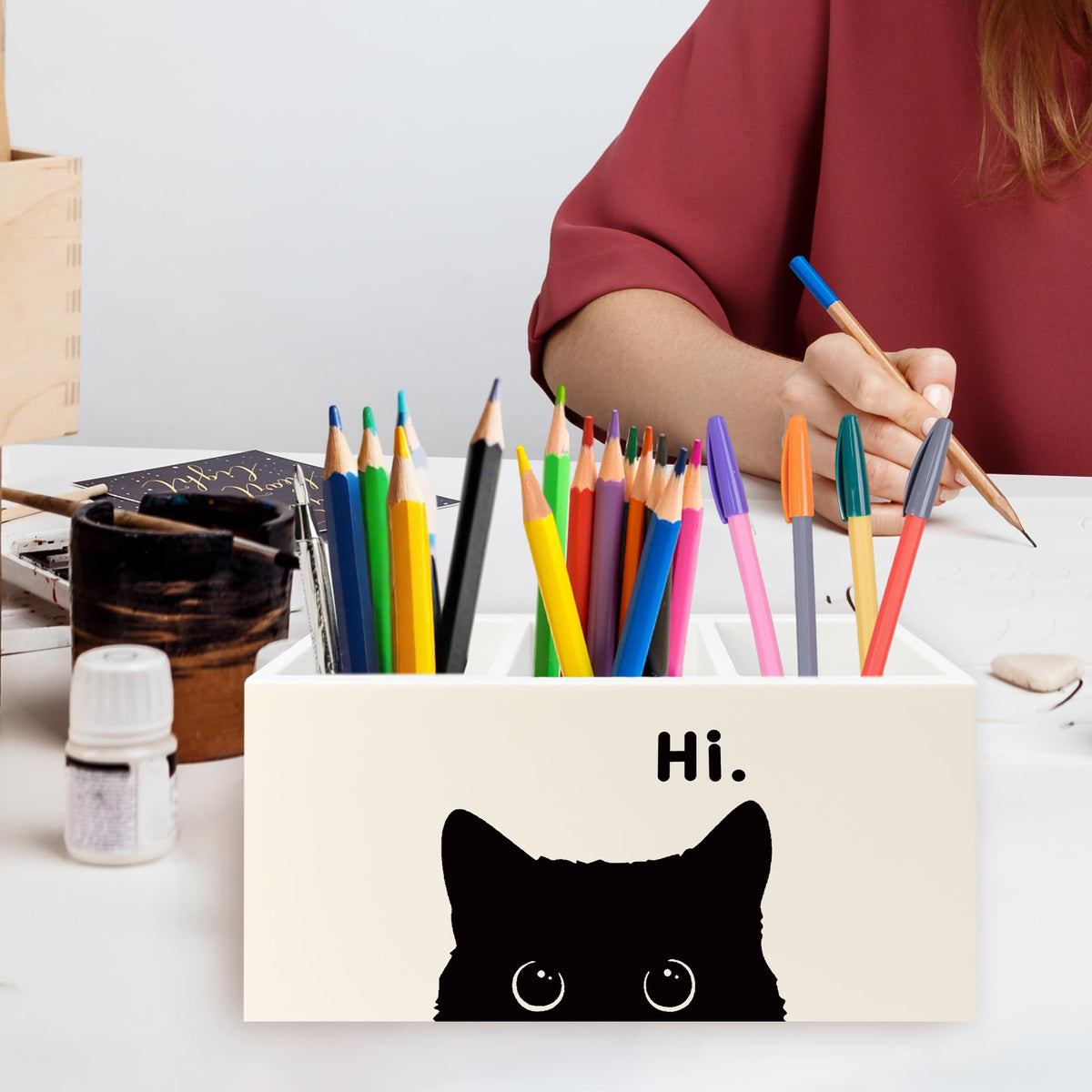 QZQE Funny Black Cat Pen Pencil Holder Organizer for Desk, Black Cat Lovers Gifts for Women Men Wooden Box Signs Decorations for Home Office Desk Tabletop, Gifts for Pet Lover