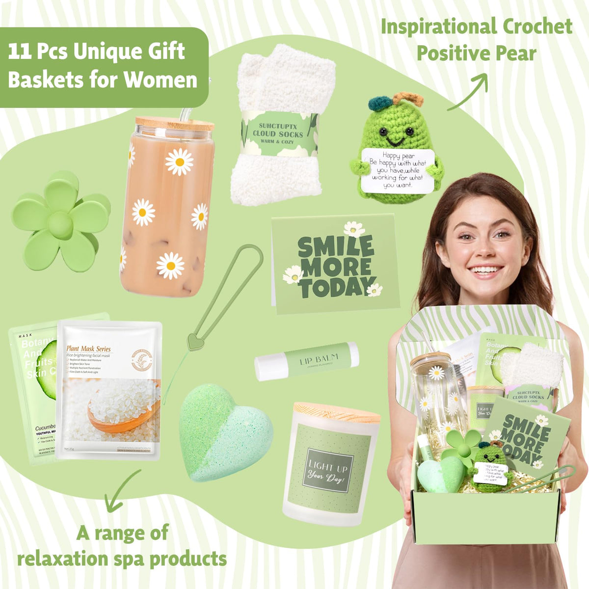 Gift Baskets for Women, 11pcs Unique Happy Birthday Gifts for Women, Best Inspirational Get Well Christmas Ideas Box w/Daisy Cup Her Teen Girl Sister Friend Friendship Mom - BRIGHTEN UP HER DAY!