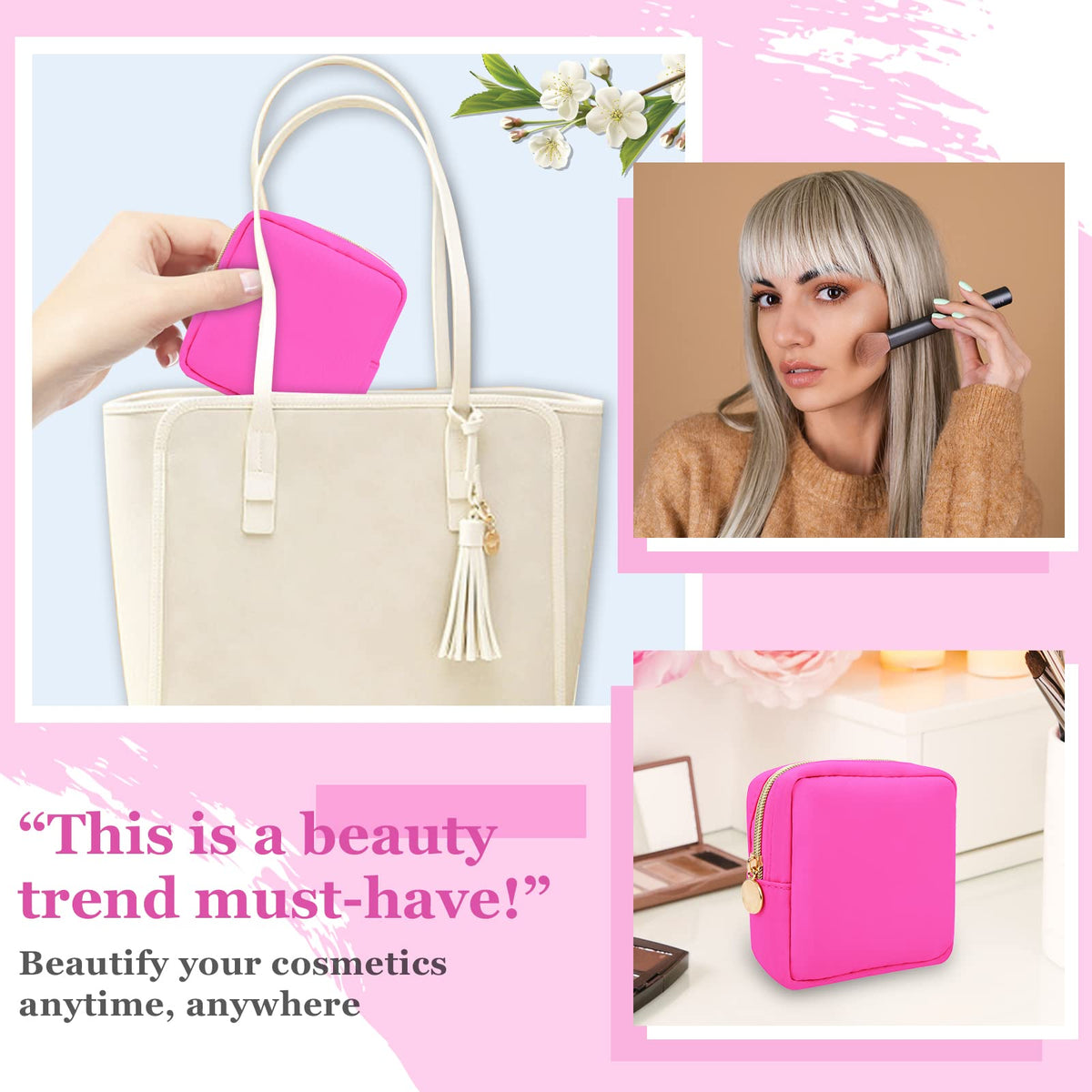 Nylon Mini Makeup Bag for Purse, Preppy Small Cute Makeup Bag Cosmetic Zipper Pouch Purse, Waterproof Travel Coin Pouch Sanitary Napkin Storage Bag Clutch Make Up Organizer for Women Girls(Hot Pink)