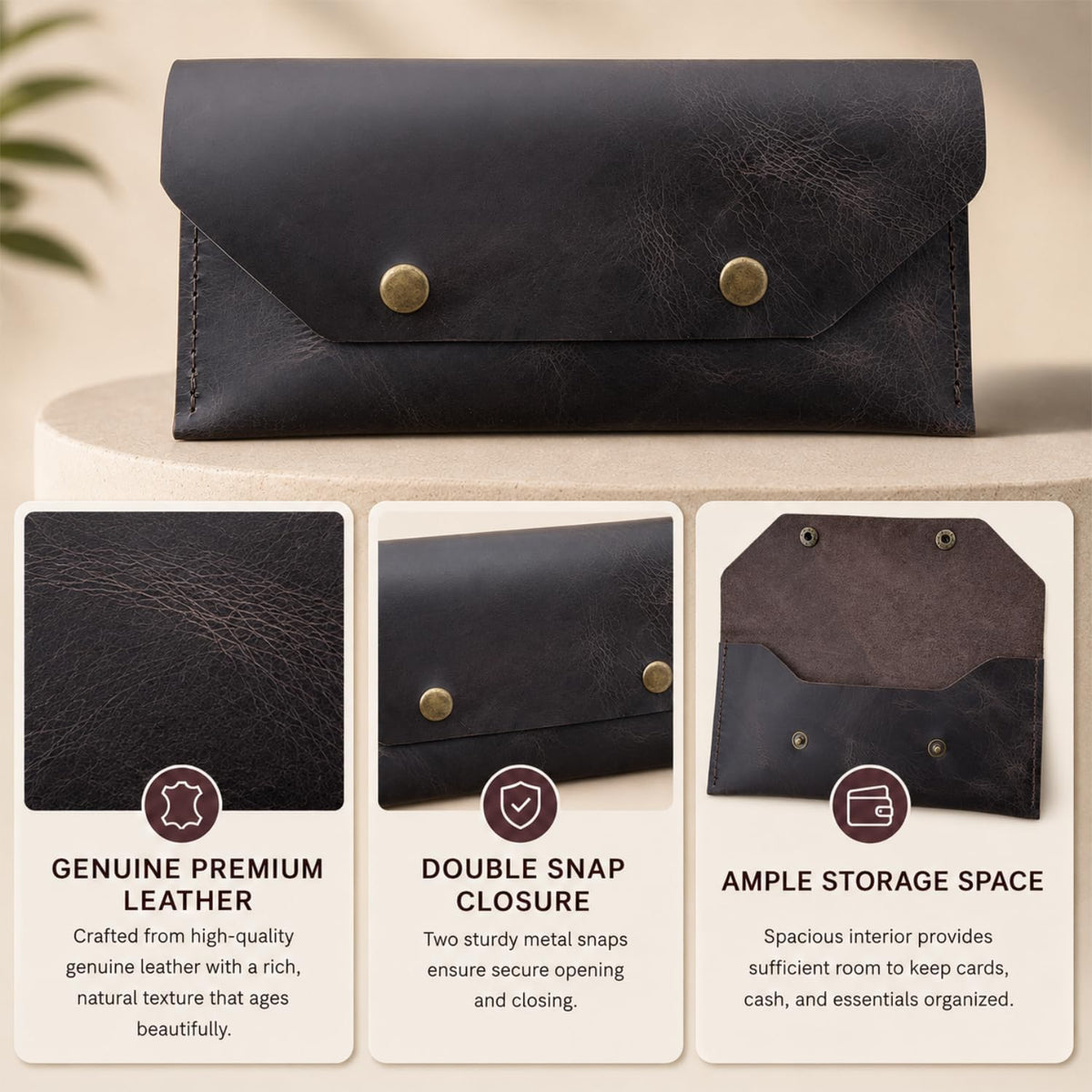 ZEMARS Genuine Leather Cash Envelope Wallet, Two Snap Money Pouch for Men and Women, Reusable Budget Envelope Wallet, Slim Organizer for Cash, Cards, Receipts, Checks and Keys (Dark Brown)