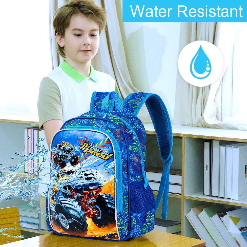 KLFVB 3PCS Boys Truck Backpack, Water Resistant Kids Bookbag with Lunch Box, 16" Preschool Backpacks for Elementary - Truck Blue