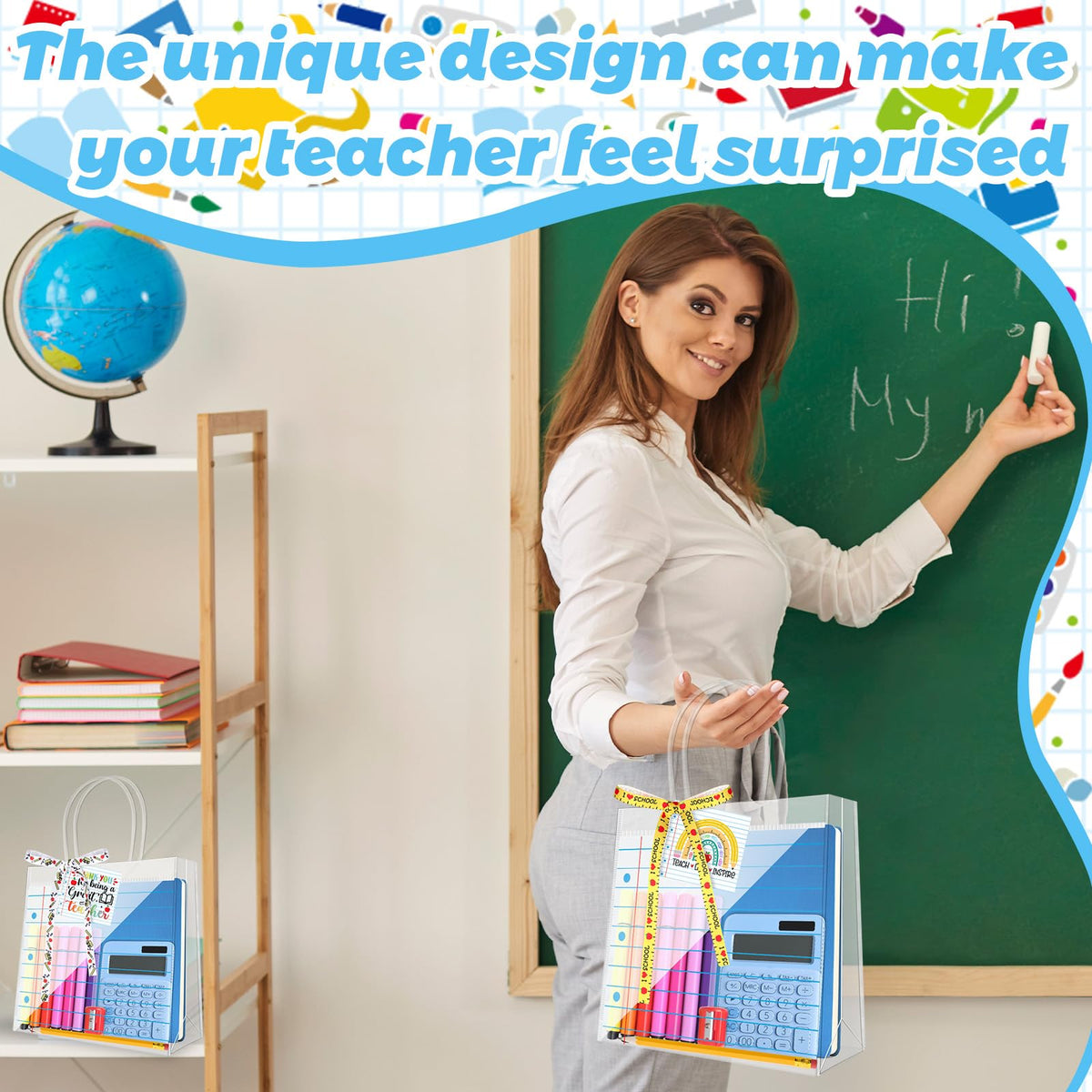 24 Sets Teacher Appreciation Gifts Bags Notebook Line Clear PVC Bags with Handle Thank You Tag Ribbon PVC Clear Candy Treat Goodies Tote Bags for Teachers' Day Classroom School Office Party Supplies