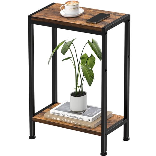 Homedawn Narrow Side Table for Small Space, 2-Tier Small End Table with Shelf Holder, Slim Nightstand, Skinny Snack Couch Table in Living Room, Bedroom, Study, Kitchen and Balcony (Rustic Brown)