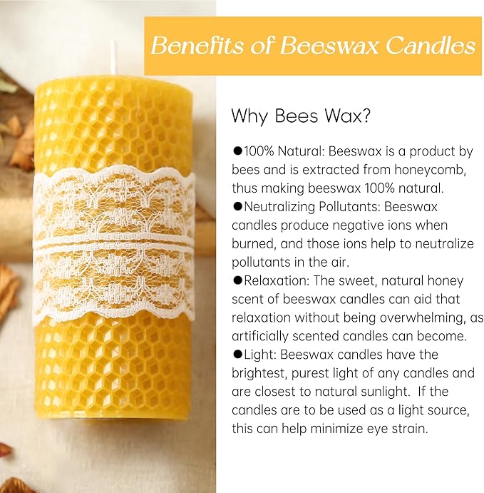 6 Packs Natural Beeswax Candles, Hand Rolled Honeycomb Beeswax Pillar Candles, Pure Bee Wax Gifts for Candle Lovers,Home Decor, Air Purify (2x4 in)