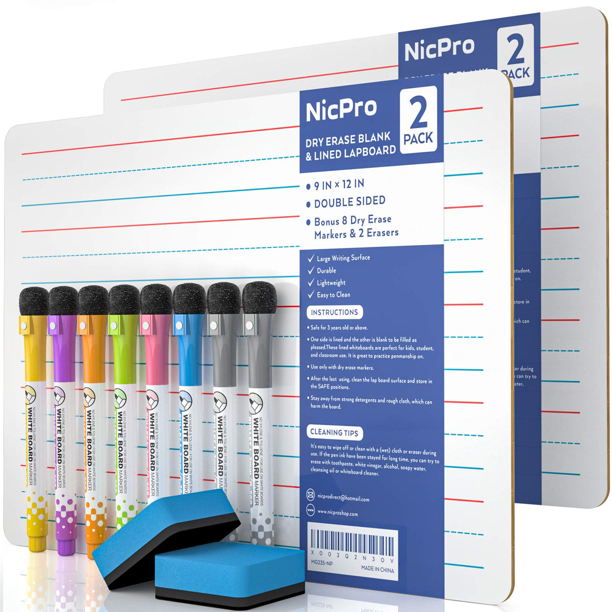 Nicpro Dry Erase Lap Board 9 x 12 inches 2 Pack Ruled Kid Double Sided Blank & Lined Small Lapboard with 8 Pens, 2 Eraser, Learning Mini Whiteboard Portable for Student and Classroom Use