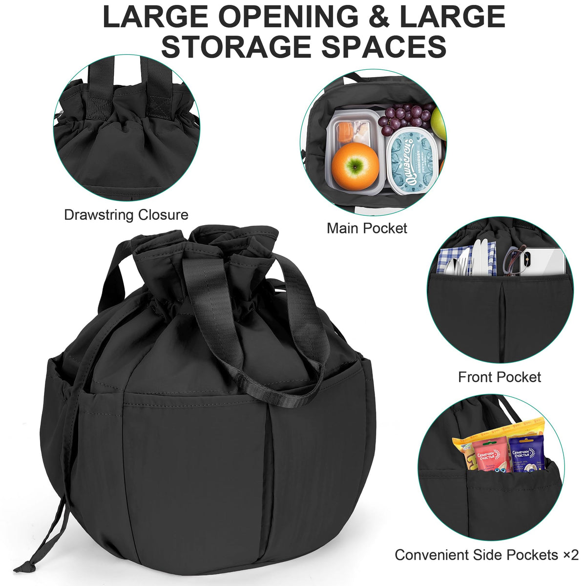 Hafmall Large Drawstring Lunch bag Women, Cute Lunch Box Leak-Resistant Lunch Tote for Picnic Work Office, Black