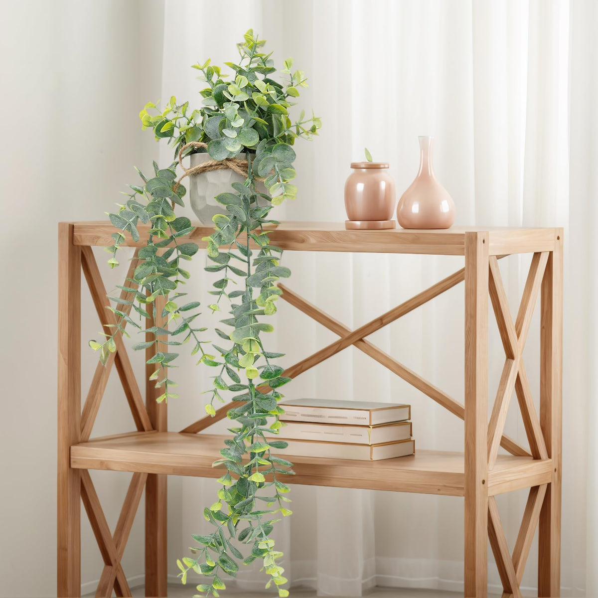 HOFMEFY Artificial Hanging Faux Eucalyptus Plants in Small Gray Geometry Cement Pots with Lanyard for Greenery Wall Shelve Decor (2PCS,Green)