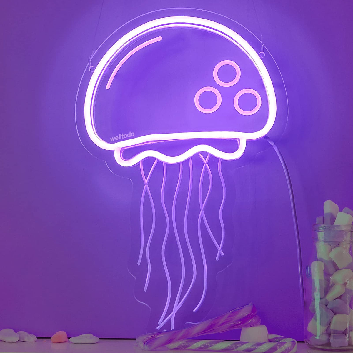 Jellyfish Neon signs for wall decor,Powered by USB Purple LED Neon Light Sign，3D Art Aesthetic Jelly Fish Neon Sign for Birthday Party,Jellyfish Decor, Kids Gifts