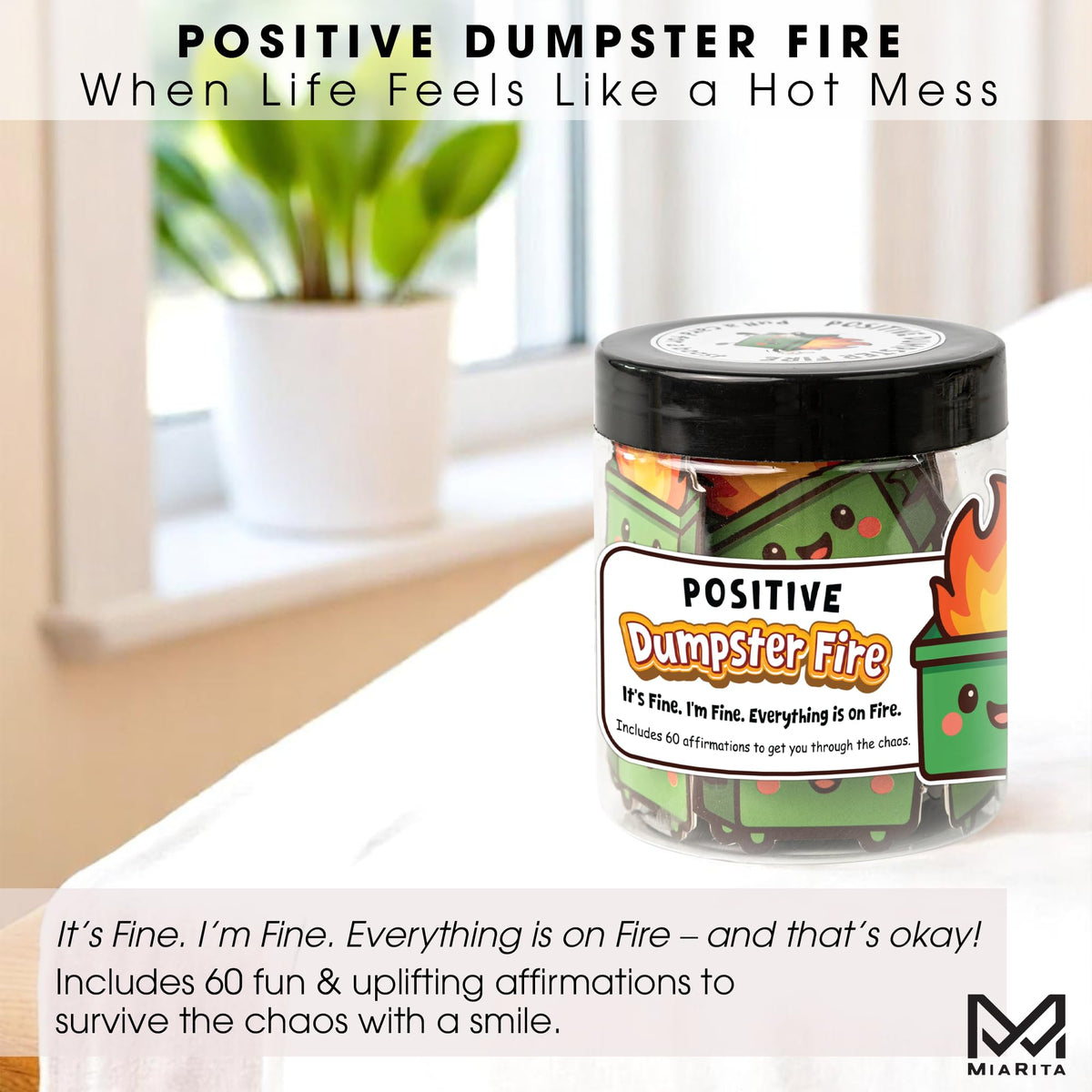 Positive Dumpster Fire Jar, Emotional Supports 60 Affirmation Cards for Women, Dumpster Fire Desk Accessories, Dumpster Fire Zen Garden, Coworker Gifts for Women, Social Worker Appreciation Gifts