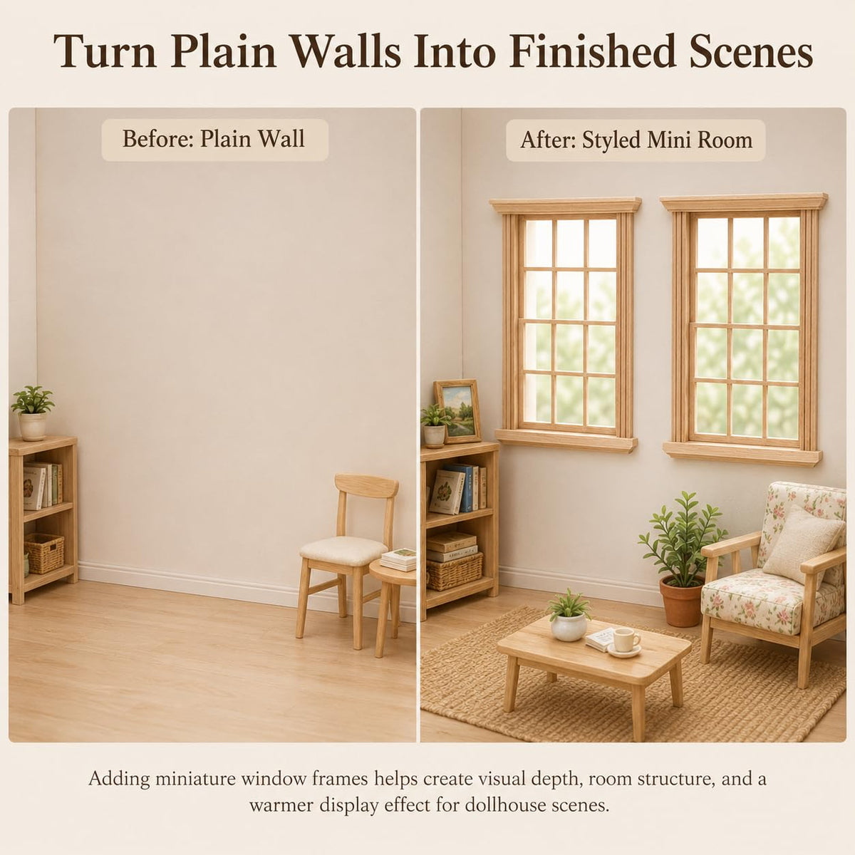Wooden Window Dollhouse Furniture: 2Pcs Mini Windows 1: 12 Scale Miniature Accessories Tiny Window Frame Model Dolls Houses Playhouse Ornaments