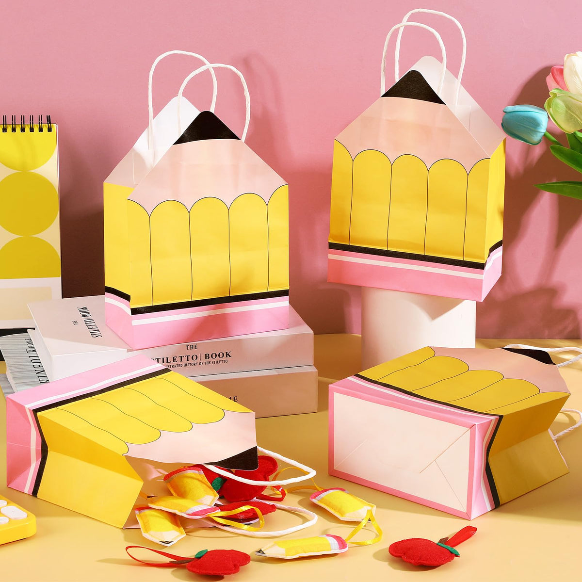 FEBSNOW 36Pcs Teacher Appreciation Gift Bags,Teacher Gift Bags with Handles Back to School Treat Bag Bulk Pencil Paper Bag for Teachers Appreciation Week End of School Year Classroom Party Decoration