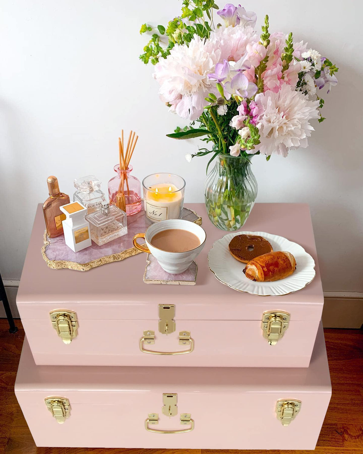 Vixdonos Decorative Metal Box Storage Trunks Set of 2 College Dorm Chest with Handle (Pink)