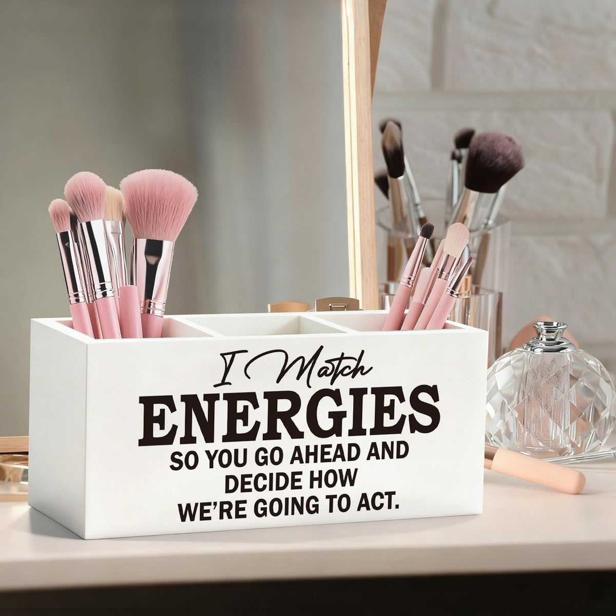 ELMCH Inspirational Office Pen Pencil Holder, Inspirational Gifts for Women Men Wood Desk Organizer and Accessories, I Match Energies Motivational Pen Holder Desk Organizer for Office Tabletop